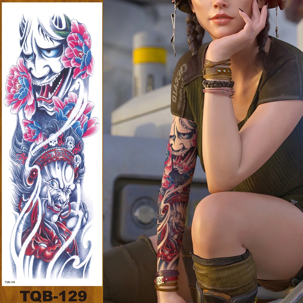 Тату-наклейка Временная на всю руку с цветами искусство тело ногу Череп голова