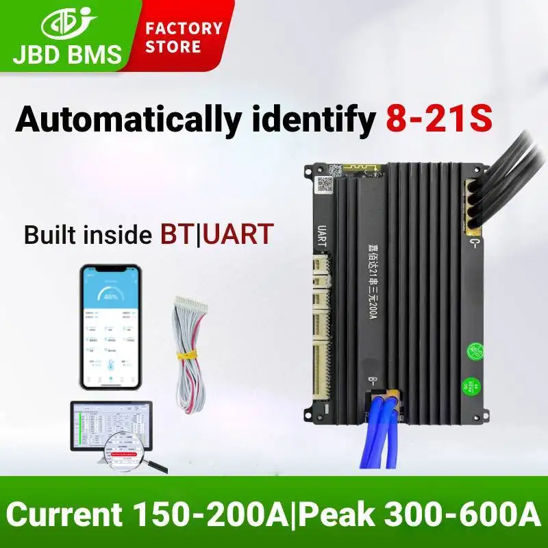 JBD Smart BMS 150A 200A 24V 36V 48V 60V 72V li-ion LiFepo4 8S 10S 11S 12S 13S 14S 15S 16S 17S 18S 19S 20S 21S UART встроенный BT