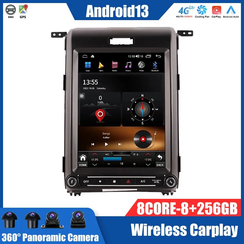 2din 8 + 256 ГБ Tesla Экран Android 13.0 Автомобильный радиоприемник GPS для Ford Raptor F150 2008-y Авто