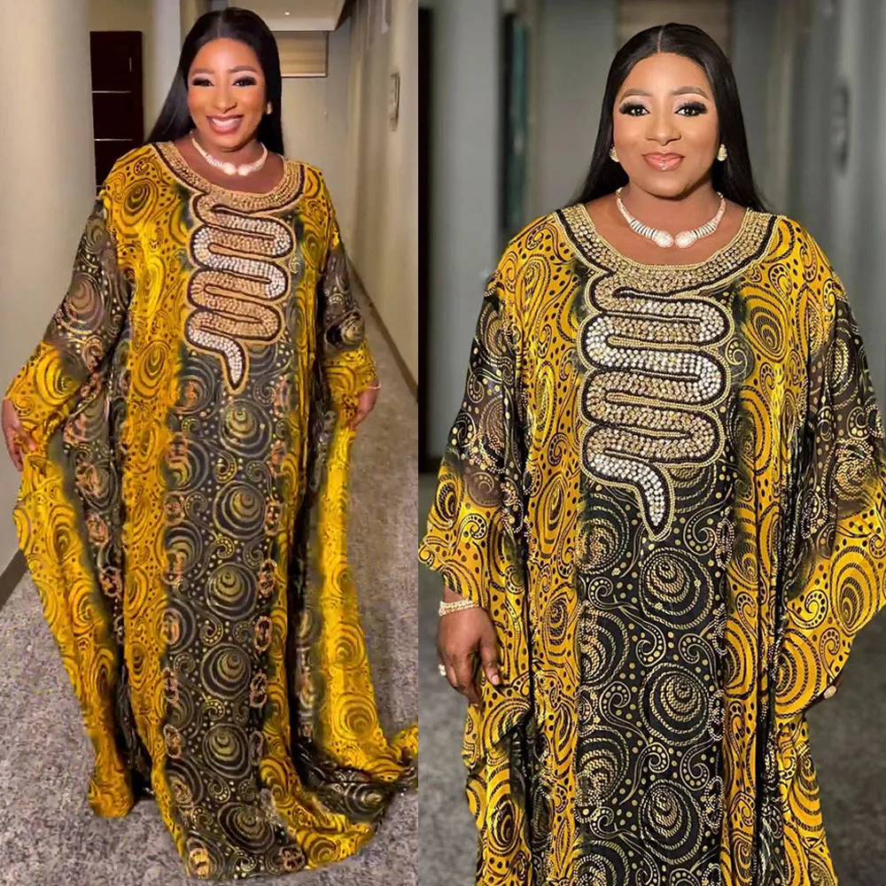 

African Dresses for Women Chiffon Print Diamonds Boubou Robe Muslim Loose Maxi Dashiki Dress Moroccan Kaftan Dubai Abaya Gown