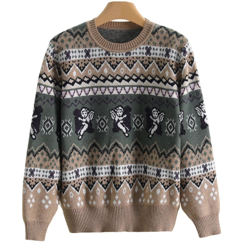 [Yi] Свободный свитер из хлопковой шерсти в стиле ретро с круглым вырезом 2024