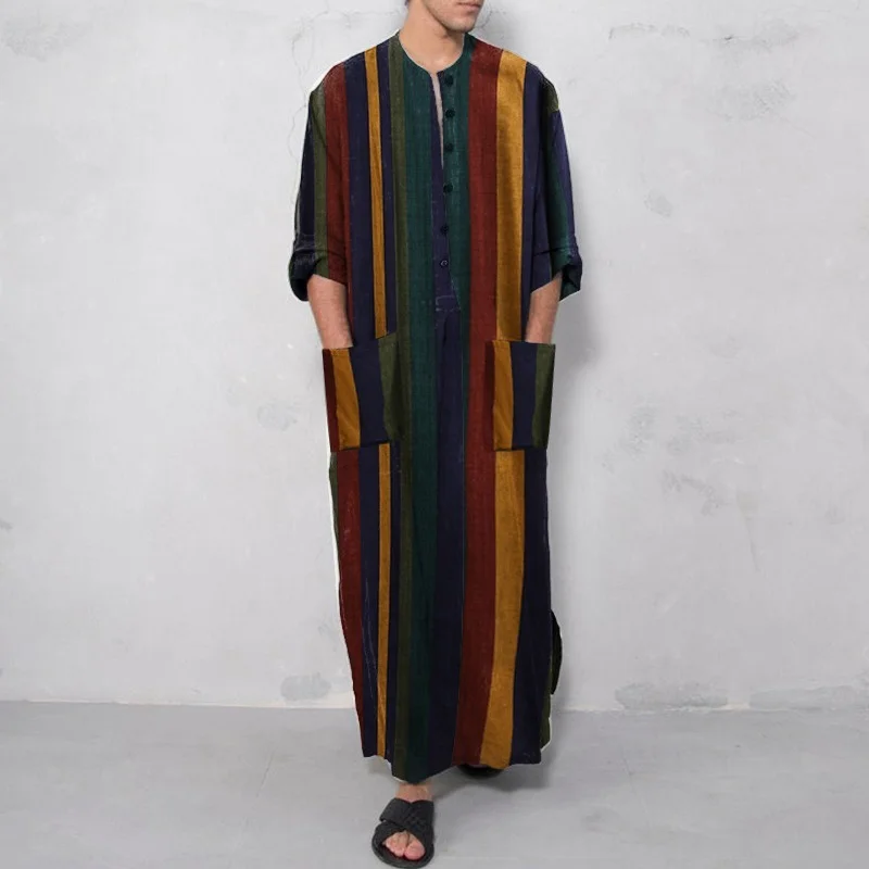 

Muslim Fashion Mens Shirt Striped Print Robes Homewear Jubba Thobe Abaya Dubai Arabic Caftan Pakistan Vetement Homme Djellaba