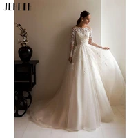 long sleeve wedding dresses 2022 a line o neck lace appliques button tulle sweep train vintage bride gown vestidos de noiva