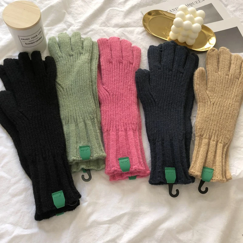 

Winter Pure Color Knitted Gloves Women Screen Student Riding Split Finger Thick Warm Gloves Couple Christmas Gift For Women