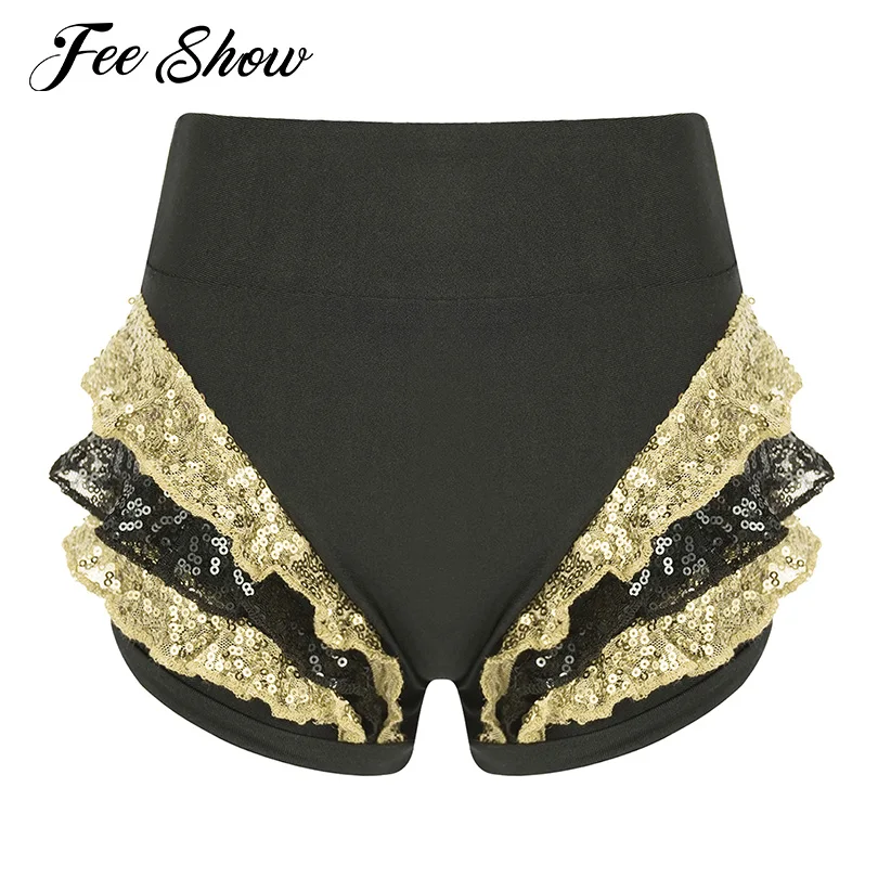 

2022 Kids Girls Dance Shorts Bottoms Casual Shiny Sequins Shorts Frilly Elastic Waist Ruffled Dance Performance Shorts Hot Pants