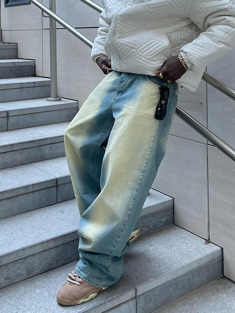 2023 New American High Street Vintage Ground White Wash Loose Jeans Men, Y2K Wide Leg Fashion Hip Hop Pants Baggy Wide Leg Slack