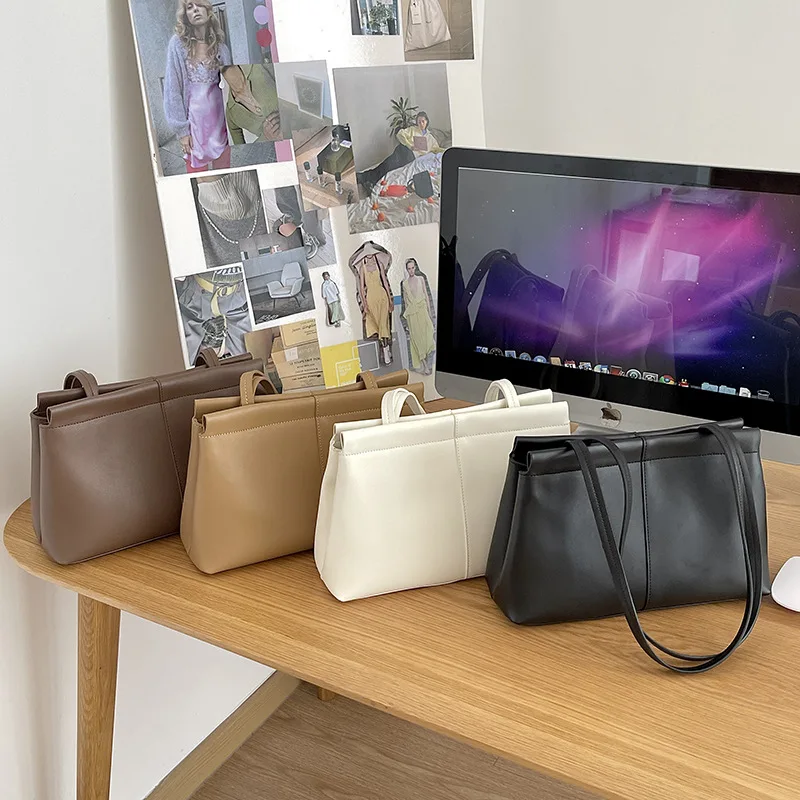 

Korean Version Tote Bag 2022 Women Large Capacity Leather Handbag, Pu Sewing Thread Soft Shoulder Bag High Quality Ladies Bag