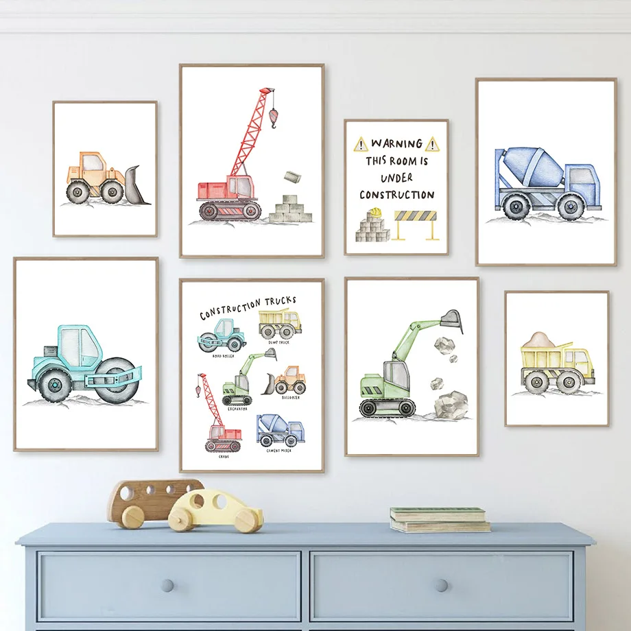 

Road Roller Dump Truck Excavator Bulldozer Crane Wall Art Canvas Painting Nordic Posters Prints Cartoon Pictures Kids Room Decor