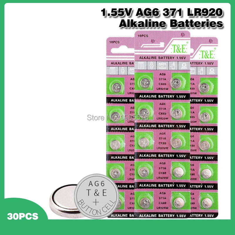30 шт. щелочные батареи AG6 1,55 в, Кнопочная монетница 371 SR920SW LR920 SR927 171 370 L921 LR69 SR920, батарейки для часов