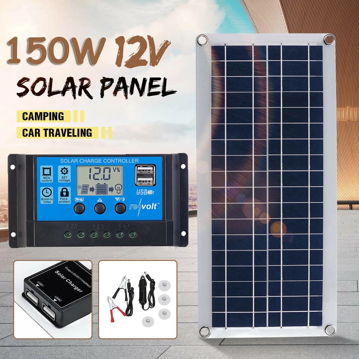 

150W Complete Solar Panel Kit 12V Double USB Output with 30-100A Controller Portable Solar Cells for Car Yacht RV Batter Charger
