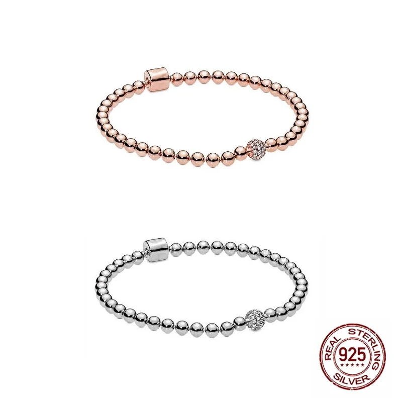 

Sterling Silver 925 Fit Original Pandora Charms Rose Gold Beads Dense Style Simple Bracelet DIY Foundation Bead Bracelet