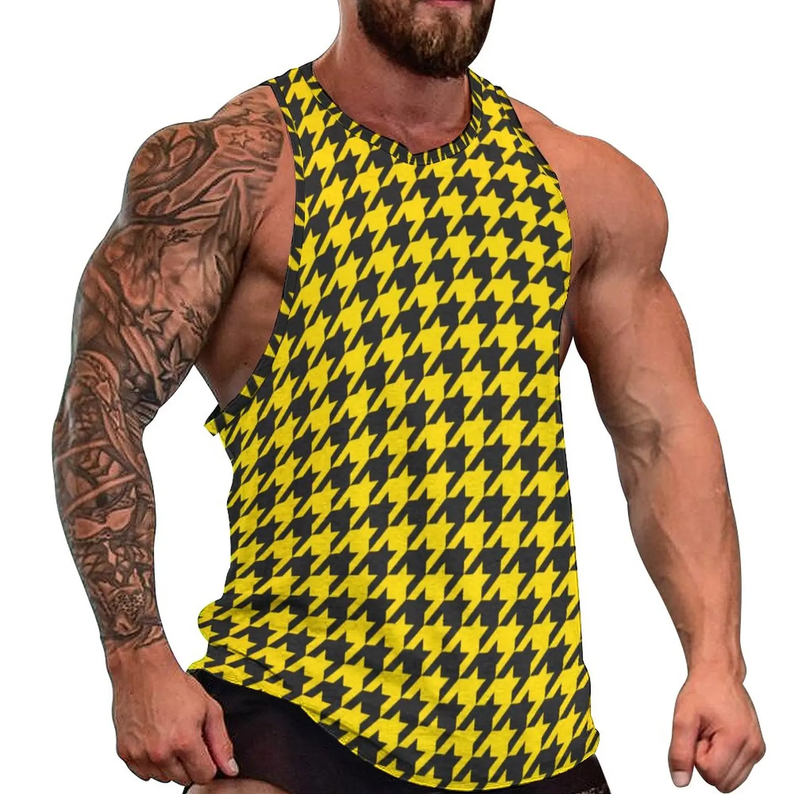 

Yellow Black Houndstooth Tank Top Males Vintage Print Workout Oversize Tops Daily Vintage Graphic Sleeveless Shirts