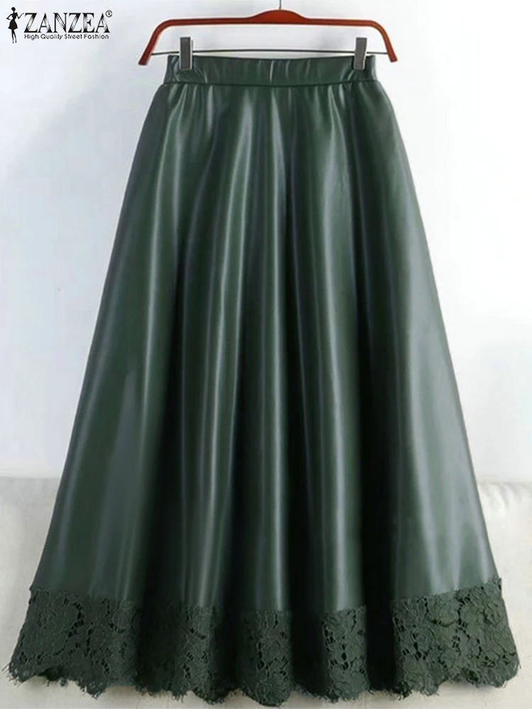 

Fashion OL PU Leather Skirt Lace Patchwork Loose Jupe Oversized 2023 Spring Autumn Skirt ZANZEA Casual Solid A Line Faldas Saias