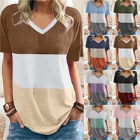 2022 summer new womens color matching v neck casual loose short sleeved t shirt female lady office all match top