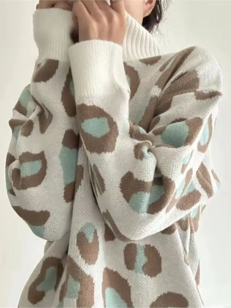 

Leopard Print Sweater Women 2023 Winter New Fashion Vintage Knitted Sweaters Casual Loose Pullover O-Neck Long Sleeve Jumpers