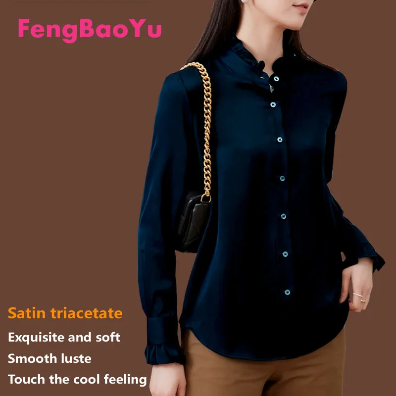 Fengbaoyu Triacetic Acid Lady Spring Autumn Long-sleeved Vertical Collar Shirt Temperament Generous Blouse Silk Women's Clothes