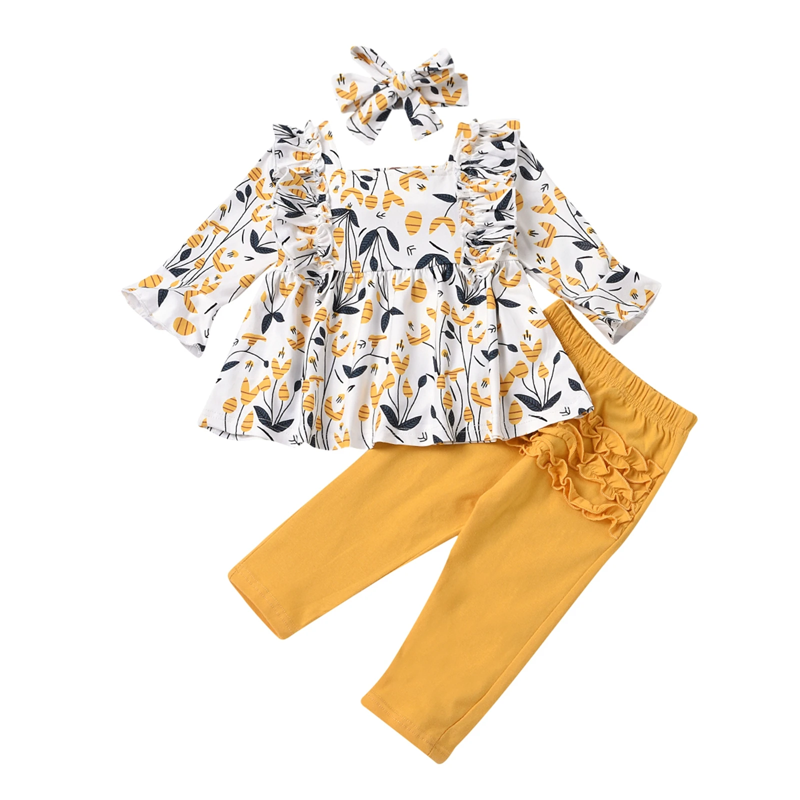 

Комплект одежды для девочек, Топ с длинным рукавом и квадратным вырезом с цветочным принтом + однотонные брюки + повязка на голову