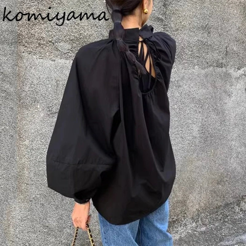 Рубашки и блузки с вырезами на спине со стоячим воротником шнуровке женская