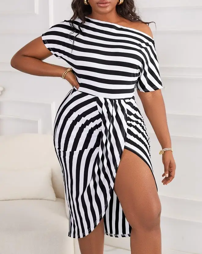 

Elegant Office Summer Dresses for Women 2023 Short Sleeve Skew Neck Black and White Striped Print Ruched Slit Casual Dress