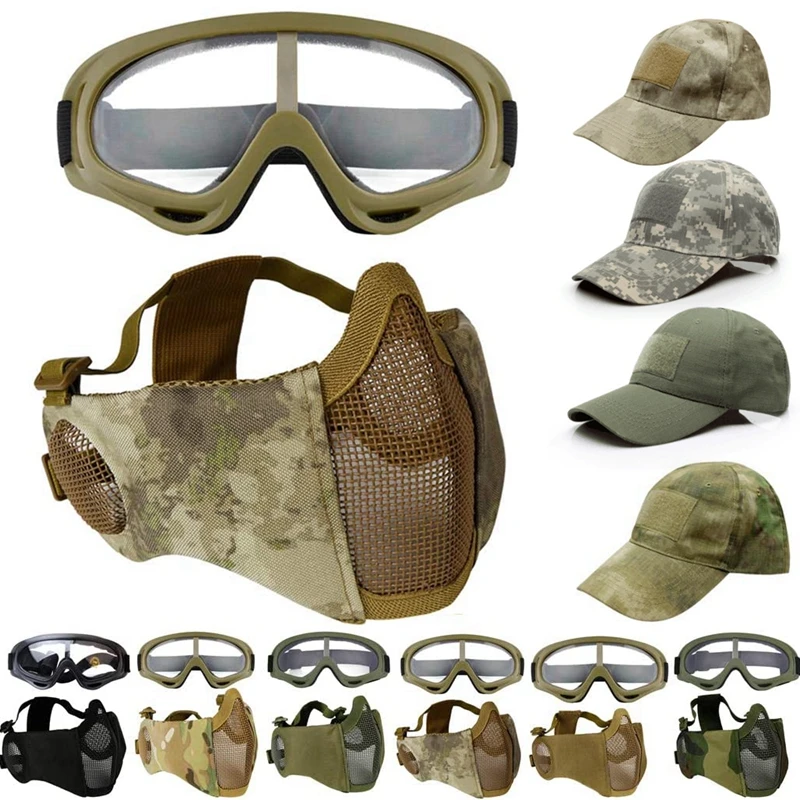 

Tactical Half Face Mask with Goggles and Cap Low Carbon Steel Mesh Protection Shooting Paintball CS Airsoft Sports Goggles Mask