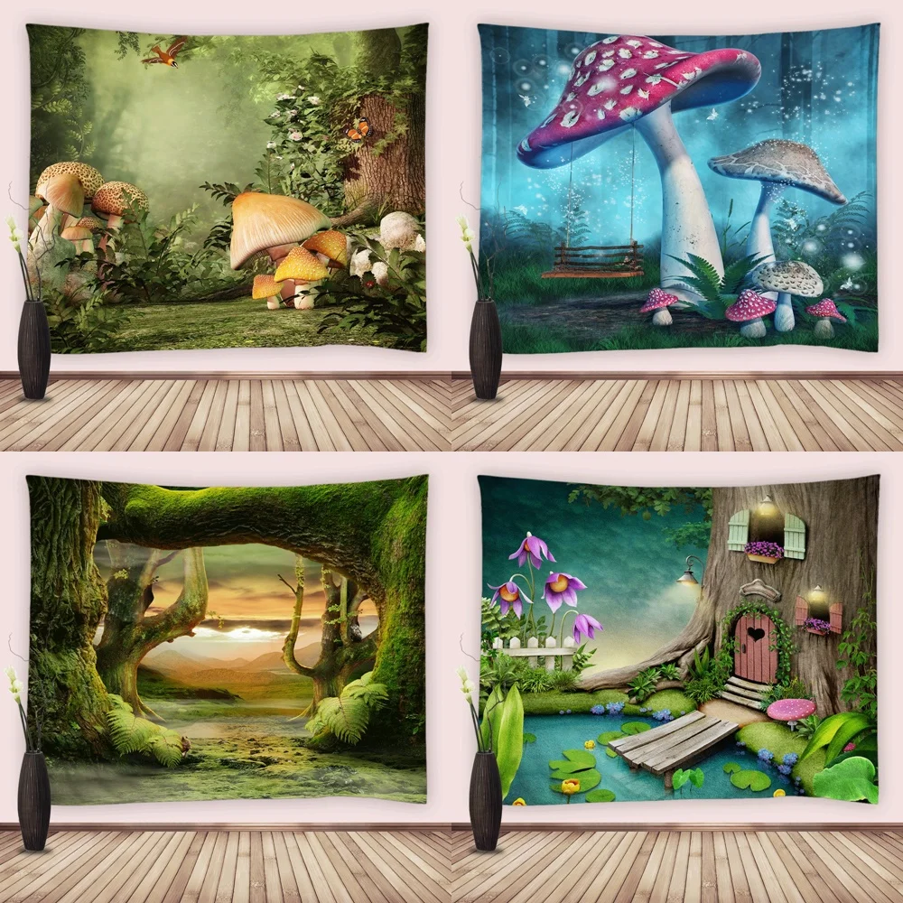 

Psychedelic Forest Wall Hanging Fabric Fantasy Mushroom Fairy Tale Scenery Tapestry Blanket Beach Towel Home Living Room Decor