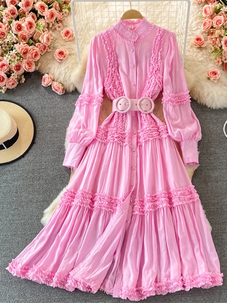

Spring Autumn Runway Cascading Ruffles Dress Women Long Lantern Sleeve Single Breasted Solid Color Sashes Shirt Party Vestidos