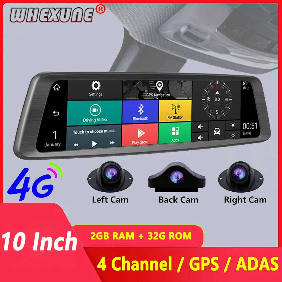 

10" 4G Car Rear View Mirror DVR Android Night Vision 4 Channel Dash Cam Camera Recorder WIFI ADAS GPS Navigator Phone Live Video