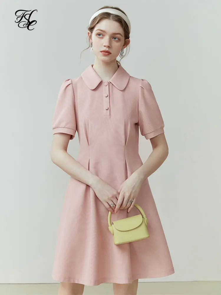 

FSLE Casual Sense Polo Collar Dress for Women Summer New College Style High Waist Puff Sleeve Solid A-line Dress Female