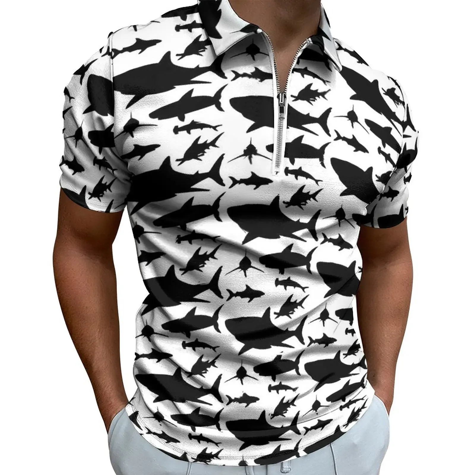 

Shark Silhouette Polo Shirts Funny Animal Casual Shirt Beach Aesthetic Man Short-Sleeve Turn Down Collar Design T-Shirts