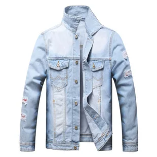

European and American Spring and Autumn Fashion Denim Jacket Men's Loose Ink Splashing White and Blue Hole Men's Denim Jacket