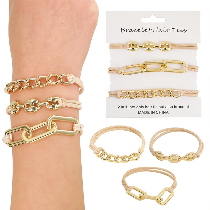 

3Pcs/Set Shiny Elegant Handmade Elastic Hair Band Rubber Bands Fashion Headwear Simple DIY Metal Chain Bracelet Hair Ties