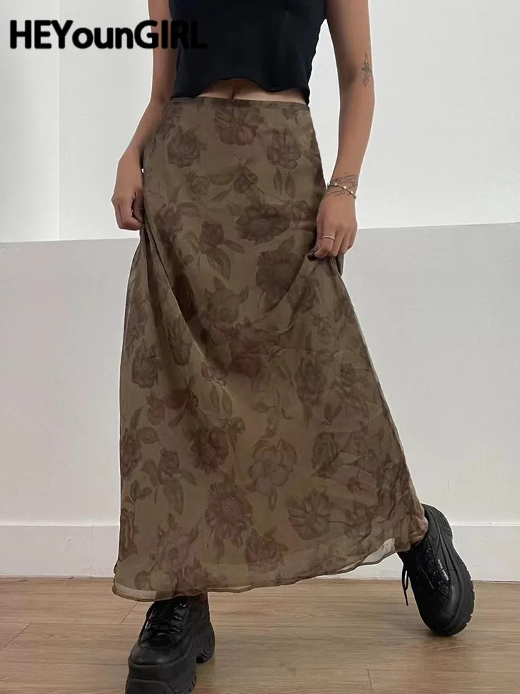 

HEYounGIRL Autumn Long Skirt Vintage Floral Print Low Rise Ladies Skirts Aesthetic Y2K High Street Retro Mesh Chic Skirt Casual