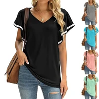 womens casual short sleeve loose t shirts v neck ruffle sleeve tunic tops female pullover summer solid tee tshirt ladies 2022