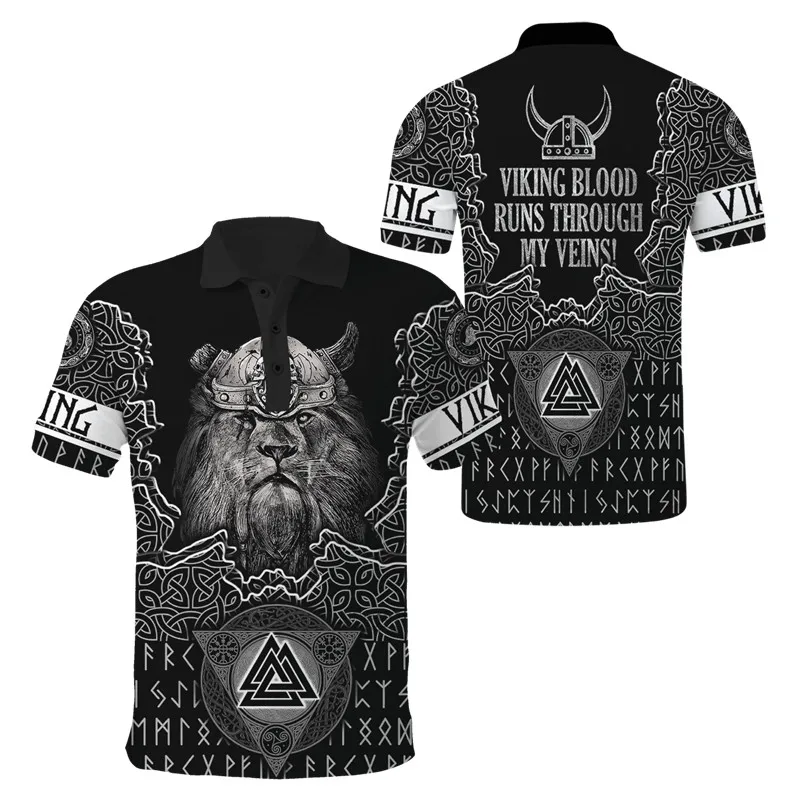 Fashion Viking Wolf Tattoo Red Eye 3D Full body Print Men's Polo Shirt Casual Polo Collar Short Sleeve Shirt
