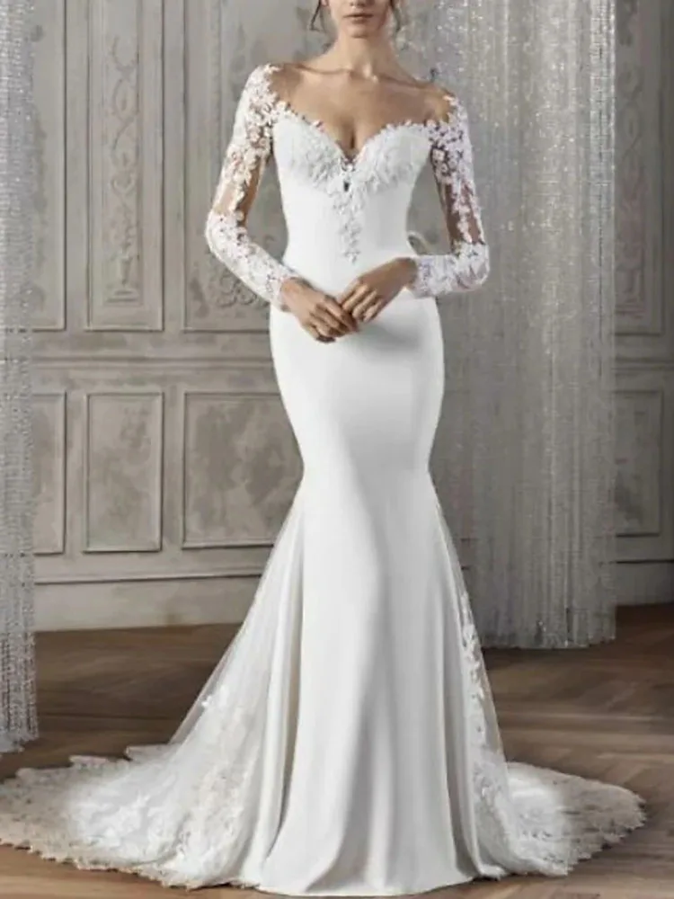 

New Long Wedding Dress for Women Bride 2023 Appliques Long Sleeve V-Neck Court Train Mermaid Party Vestido De Noiva Robe 2023