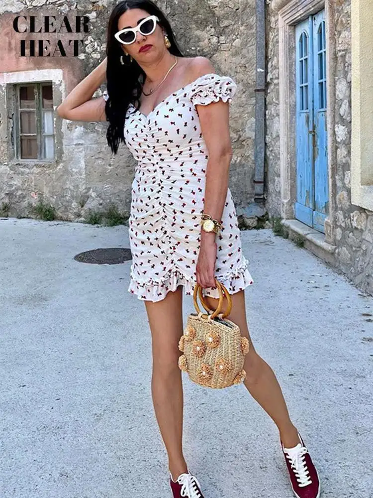 

Women Floral Embroidery Off Shoulder Mini Dress Summer Puff Short Sleeve V-Neck Dresses Ladies Fashion Sexy Pleated Sundress