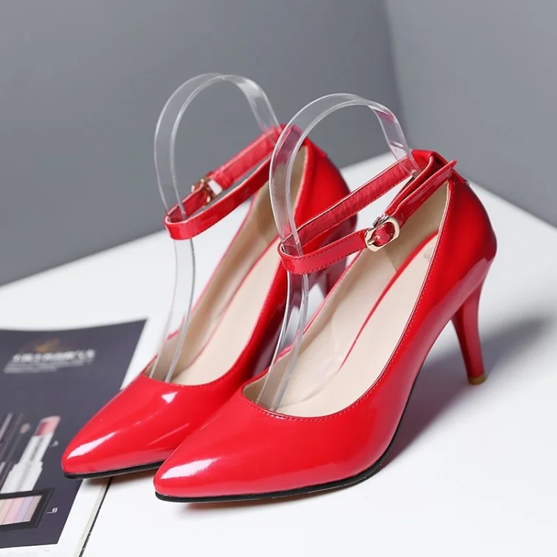 

Heels Women Pointed Toe Buckle Pumps Patent Leather Party Office Pump Plus Big Size 33-45 luxury designer shoes zapatos mujer