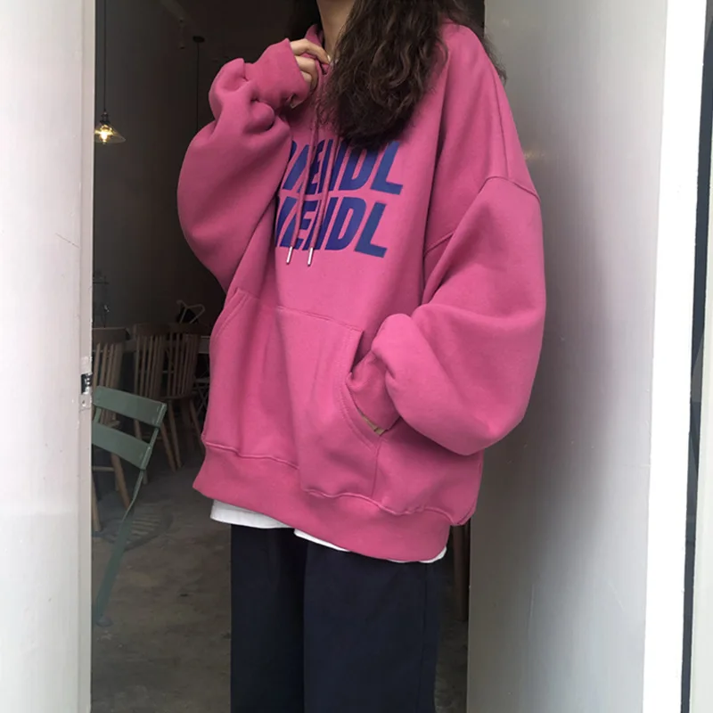 

Женские толстовки с карманами и надписью, модные корейские толстовки большого размера в стиле Харадзюку, женская уличная одежда с длинным рукавом и капюшоном, повседневный Топ