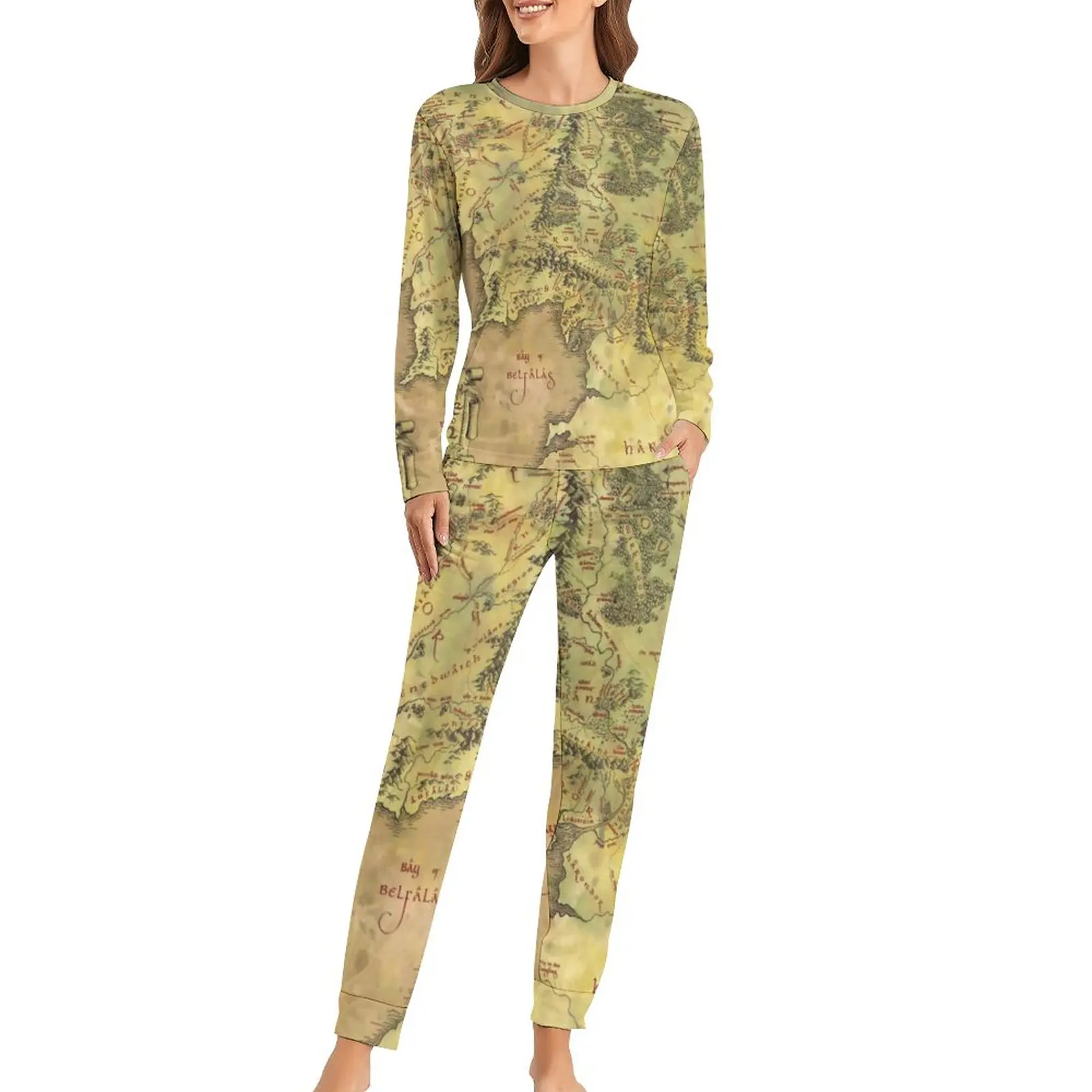 

Пижама с картой ближней земли, принт с картами мира, 2 предмета, повседневный пижамный комплект, женская ночная сорочка оверсайз в стиле ретро с длинным рукавом