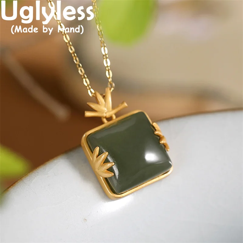 

Uglyless Bamboo Leaves Earrings for Women 925 Silver Square Gemstones Earrings Pendants Jade Nephrite Brincos Ethnic Jewelry Set