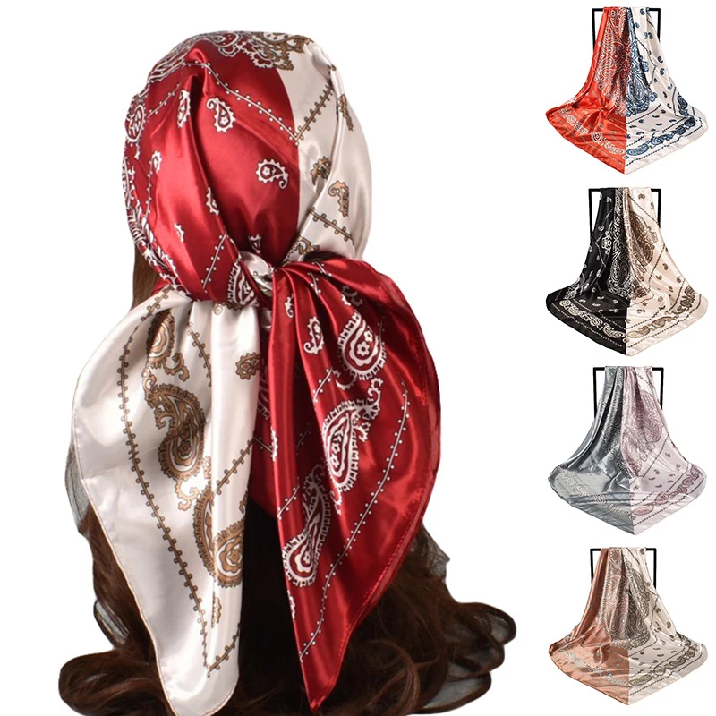 

2022 New 90*90cm Retro Brand Women Silk Scarf Bandanna Fashion Bohemian Pattern Square Hijab Lady Wrap Headband Scarf Muffler