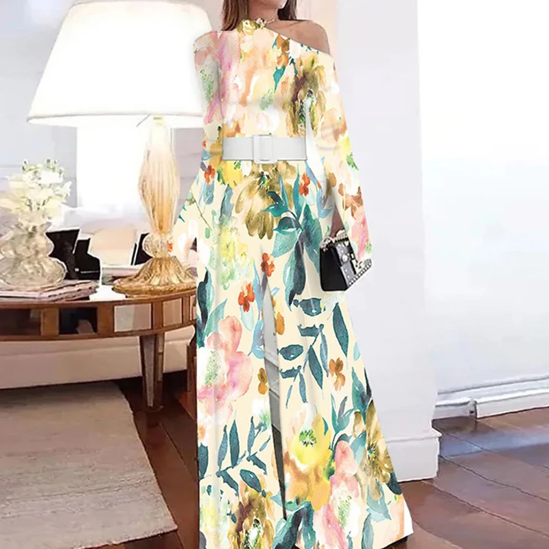 

2023 весенние комбинезоны с широкими штанинами, Модный комбинезон с открытыми плечами и принтом, повседневный женский комбинезон с длинным рукавом и высокой талией