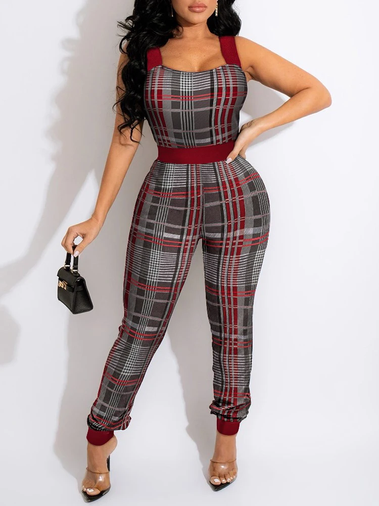

Sexy Wide Suspenders Slim Fit Jumpsuit Women Summer Fashion Plaid Print Sleeveless Romper Office Lady Elegant Commuter Overalls