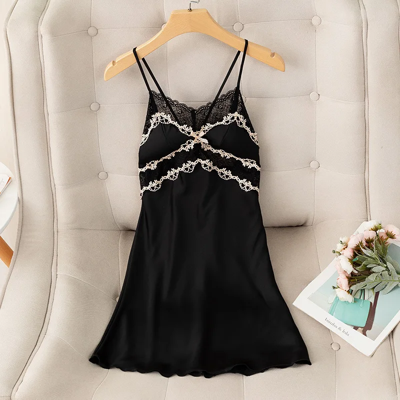 

Lady Patchwork Nighdress Satin Spaghetti Strap Nightgown Sexy Hollow Lace Sleepshirt With Bra Backless Home Dress Loungewear