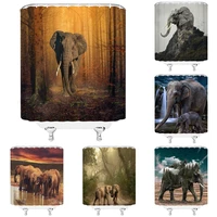 african wild animal elephants shower curtain misty forest waterfall tree family scenery fabric bath curtains for bathroom decor