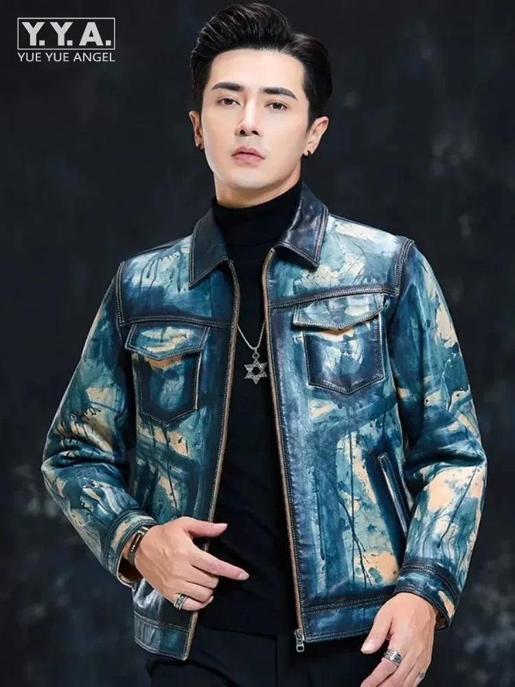 

Куртка мужская короткая из натуральной кожи, пальто с лацканами на молнии, с ручной росписью, стиль панк, Конская кожа