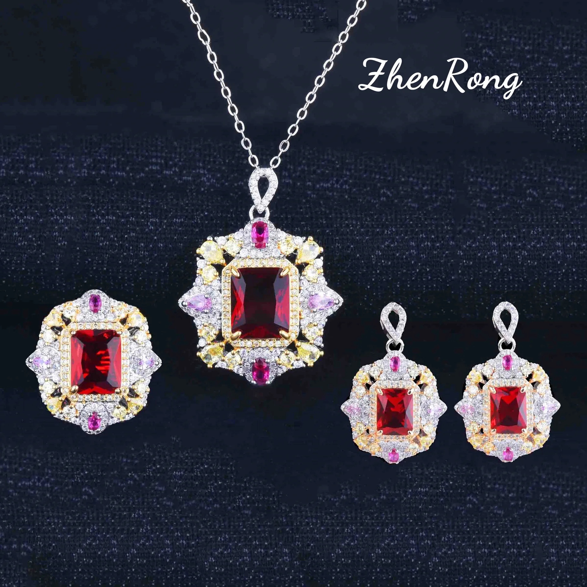 

Vintage Artificial Ruby Diamond Jewelry Sets Silver Color Wedding Rings Earrings Pendant Necklace For Women Banquet Accessories