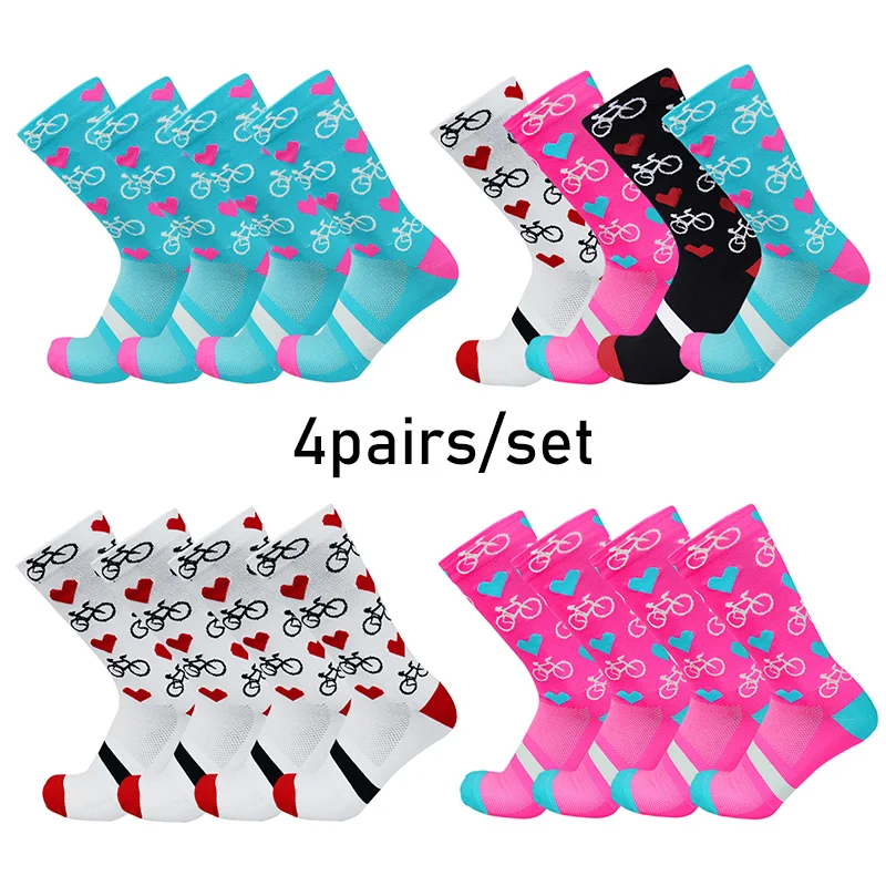 

4 Pairs/set Bicycle Love Pattern Cycling Socks Pro Competition Cycling Racing Socks Outdoor Sports Socks Calcetines Ciclismo