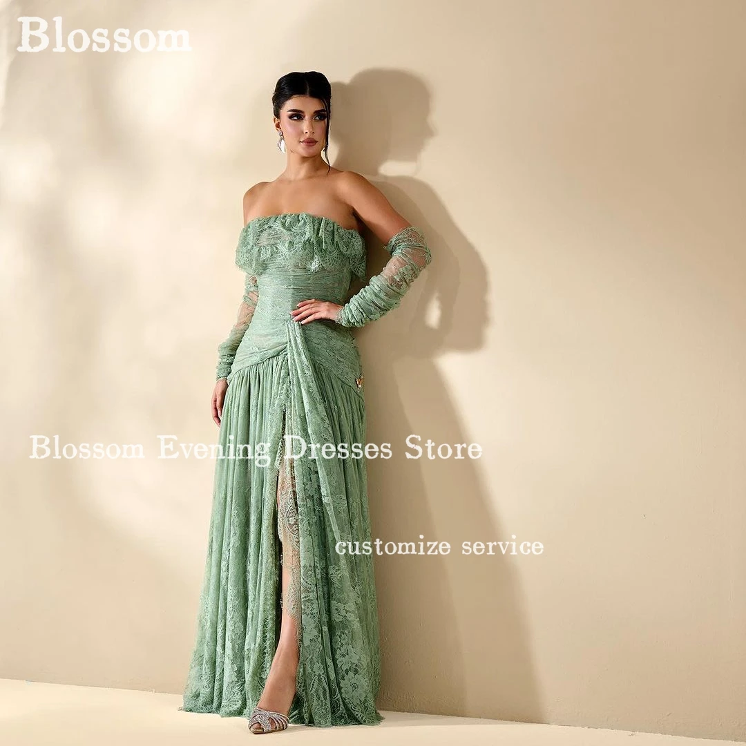 

Strapless Lace Prom Dresses Long Oversleeves Front Split Ruched Elegant Women’s Evening Dresses Wedding Party Dress Vestidos De