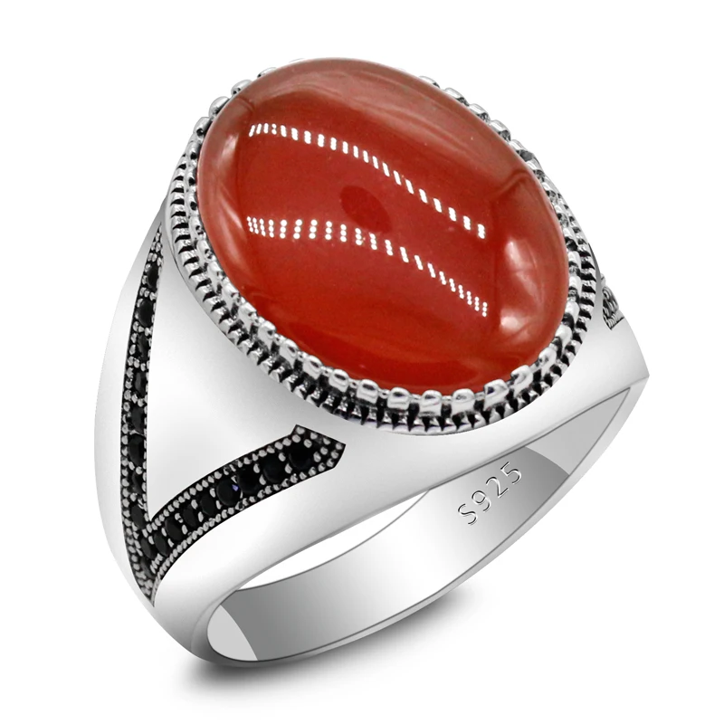 

Овальное красное агатное кольцо для мужчин и женщин из стерлингового серебра 925 пробы с натуральным плоским камнем и черным CZ кольцом панк т...